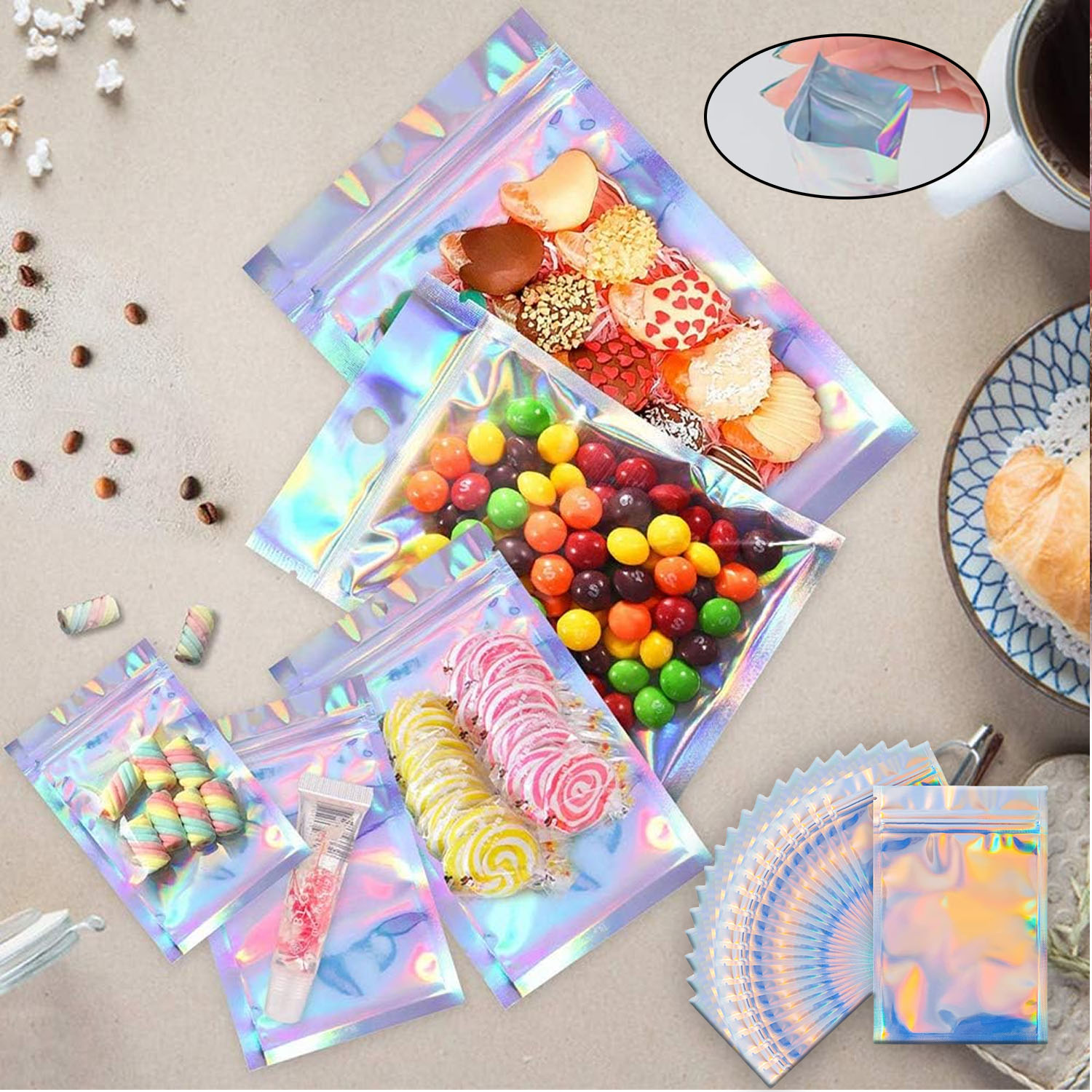 Food Storage In Mylar Bags - Sacs en Mylar Arc-en-ciel Holographiques Refermables,